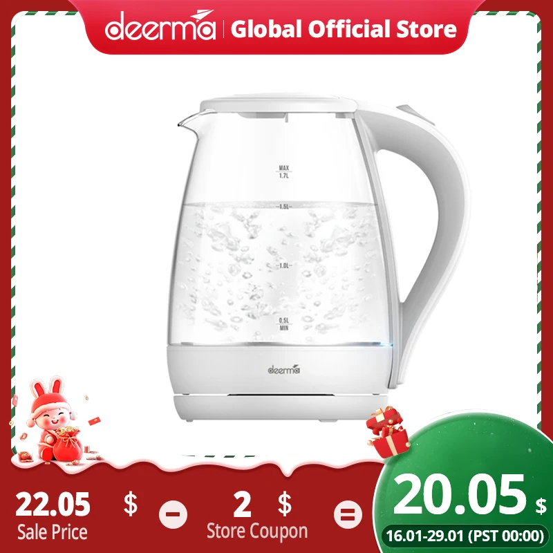 

Deerma SH30W 1.7L Transparent Electric Glass Kettle Heat Resistant Glass Teapot Electric Kettles with Light Kitchen Appliances