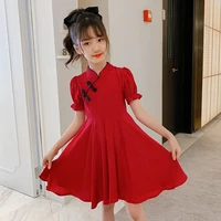 2022 summer kids girls solid chinese red cheongsam qipao princess teenager new year dresses clothing 4 7 8 9 10 12 14 years