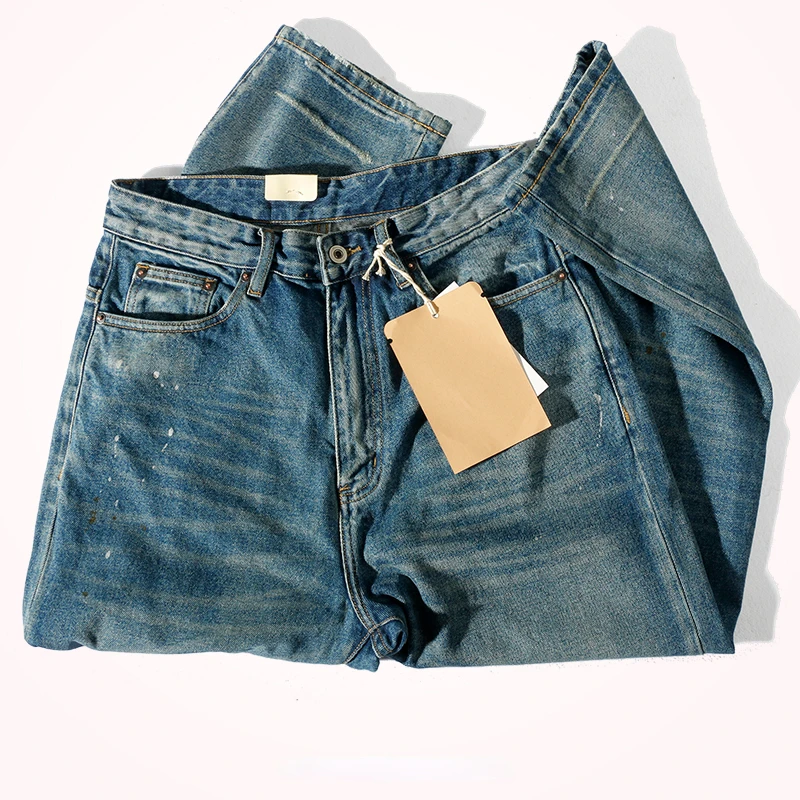 Loose jeans, men's tide, nine-minute pants, straight joker, thick and heavy denim, retro daddy pants in autumn and winter.