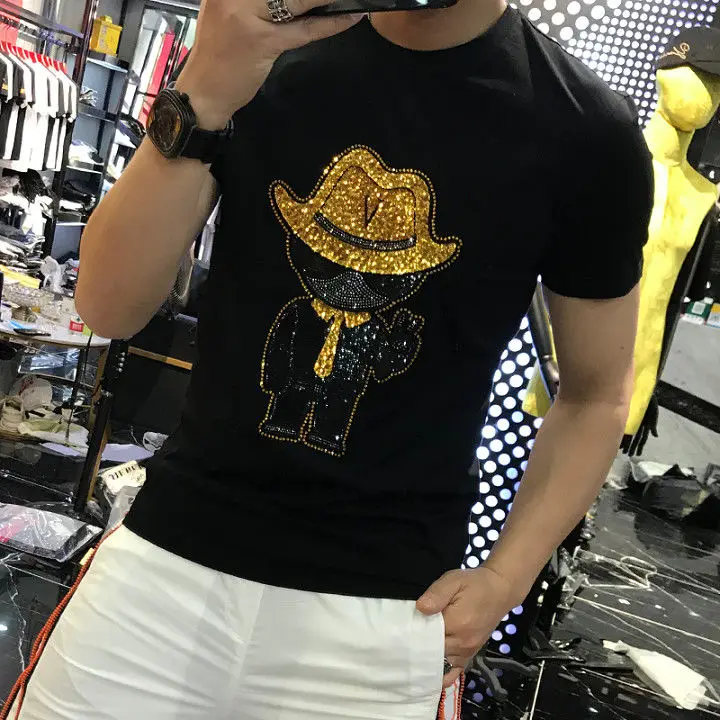 

2022 Summer New All-Matching Fashion Brand Men's Rhinestone Cotton Short-Sleeved T-shirt Loose Large Size Half Sleeve Shirt