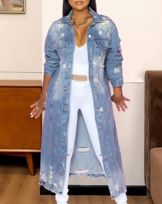 

2023 New Women's Jacket Blue Casual Wear Design Split Hem Button Front Long Denim Jacket Fashion Street Wear