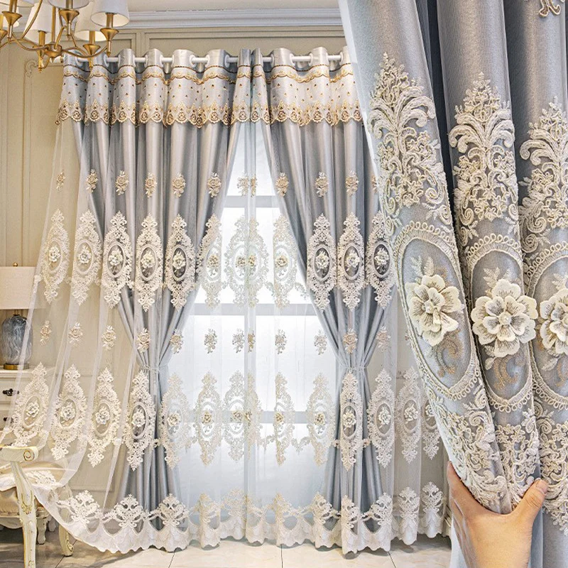 Custom Double-Layer Curtain Sets for Living Room Bedroom European Style Curtain Cloth Tulle Relief Embroidery Window Decor