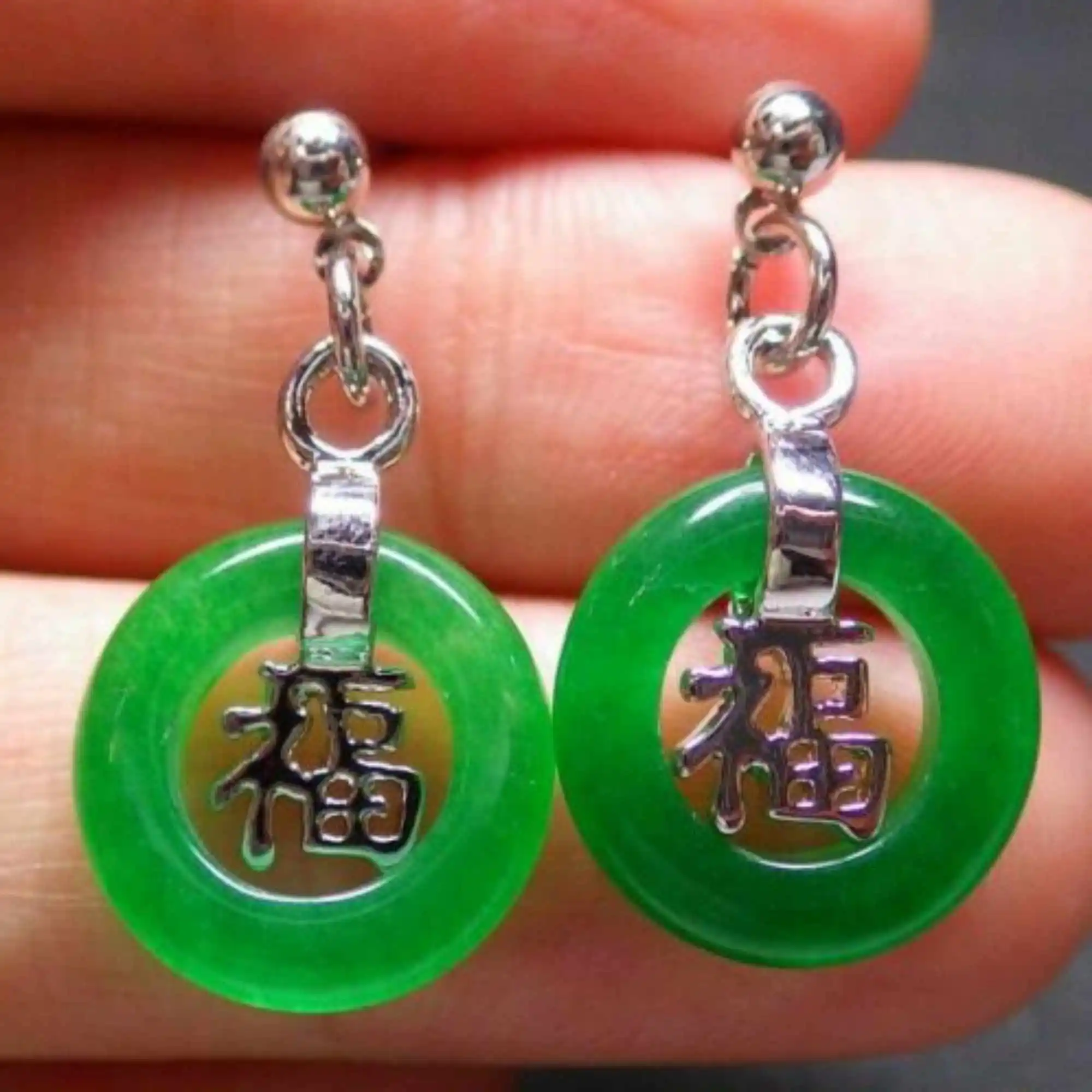 

Fashion natural Green round jade Fu Lucky Circle silver ear stud Easter Gift Thanksgiving Hook Party FOOL'S DAY Beautiful