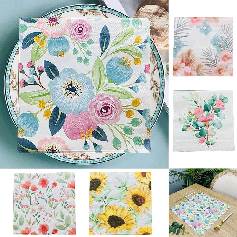 

10PCS Flower Printed Decoupage Paper Napkins Elegant Christmas Disposable Tableware New Year Bachelorette Party Decorations