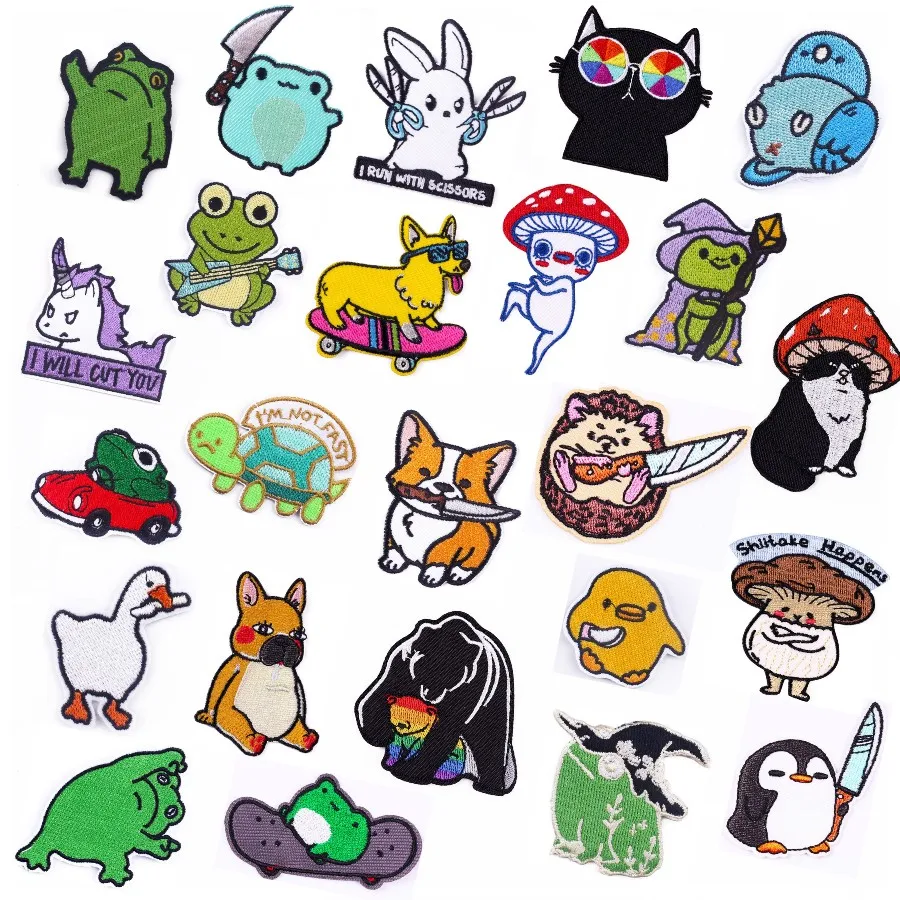 

New Cartoon Animal Patch Cat Frog Duck Knife Embroidery Patches for Jacket T-shirt DIY Badge Ironing Patches and Appliques