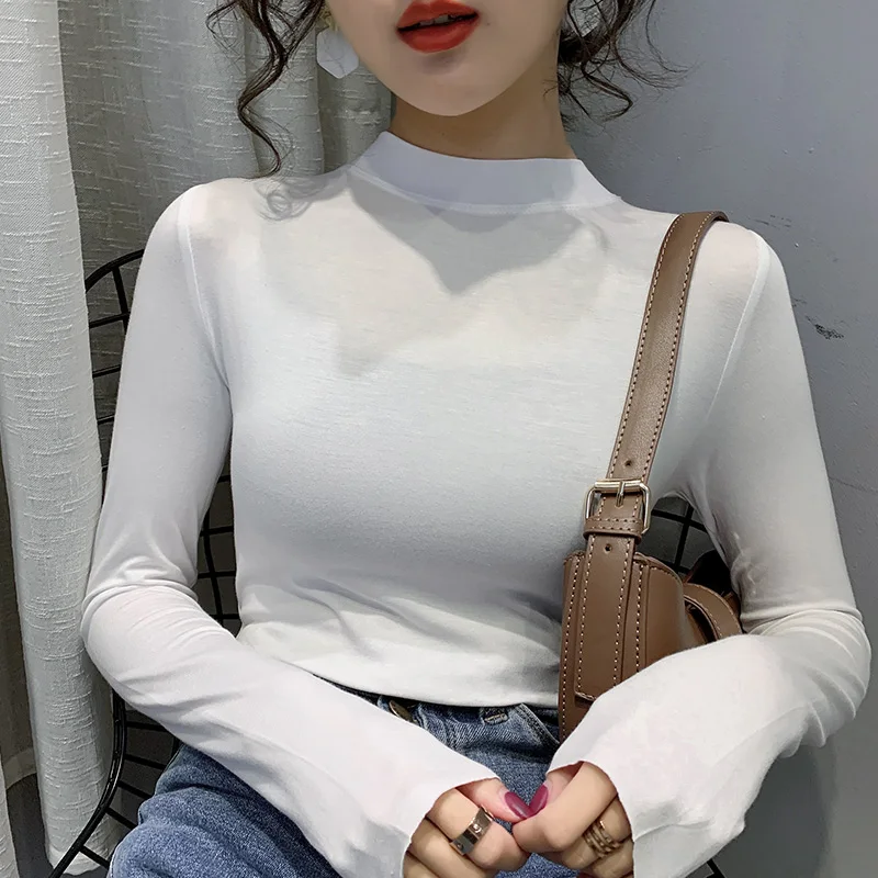 Женская рубашка из модала с полувысоким воротником осень 2023 новая облегающая в