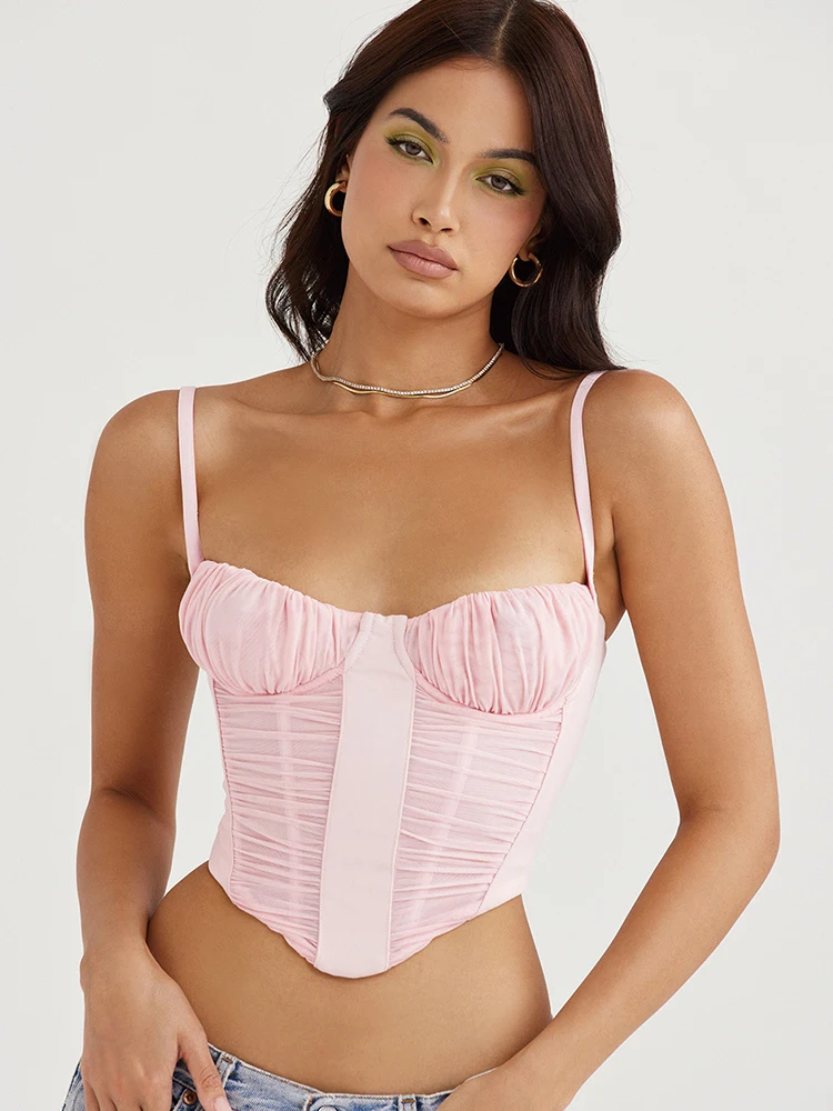 

High Quality Summer Crop Top Women 2022 Pink Bodycon Top Sexy Draped Mesh Top Bone Padded Top Party Clubwear