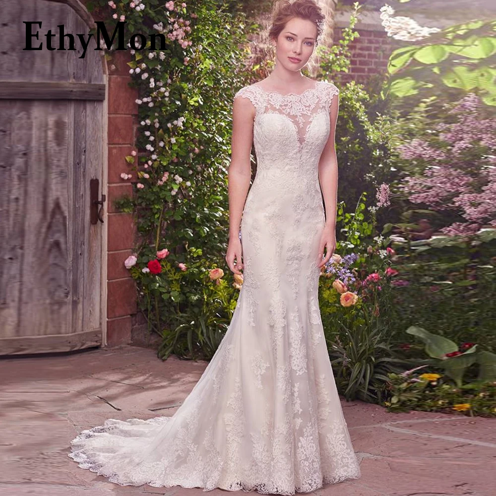 

Ethymon Pastrol Tank Scoop Trumpet Sexy Wedding Dresses Sleeveless For Bride Lace Appliques Vestido De Casamento Personalised