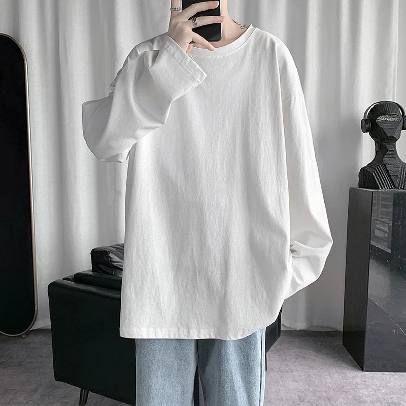 

DE 2022 Spring Men's Oversized T-Shirt Solid Color Basic T-Shirt O-Neck Long Sleeve T-Shirt Korean Style Ladies Men's Casual T-S