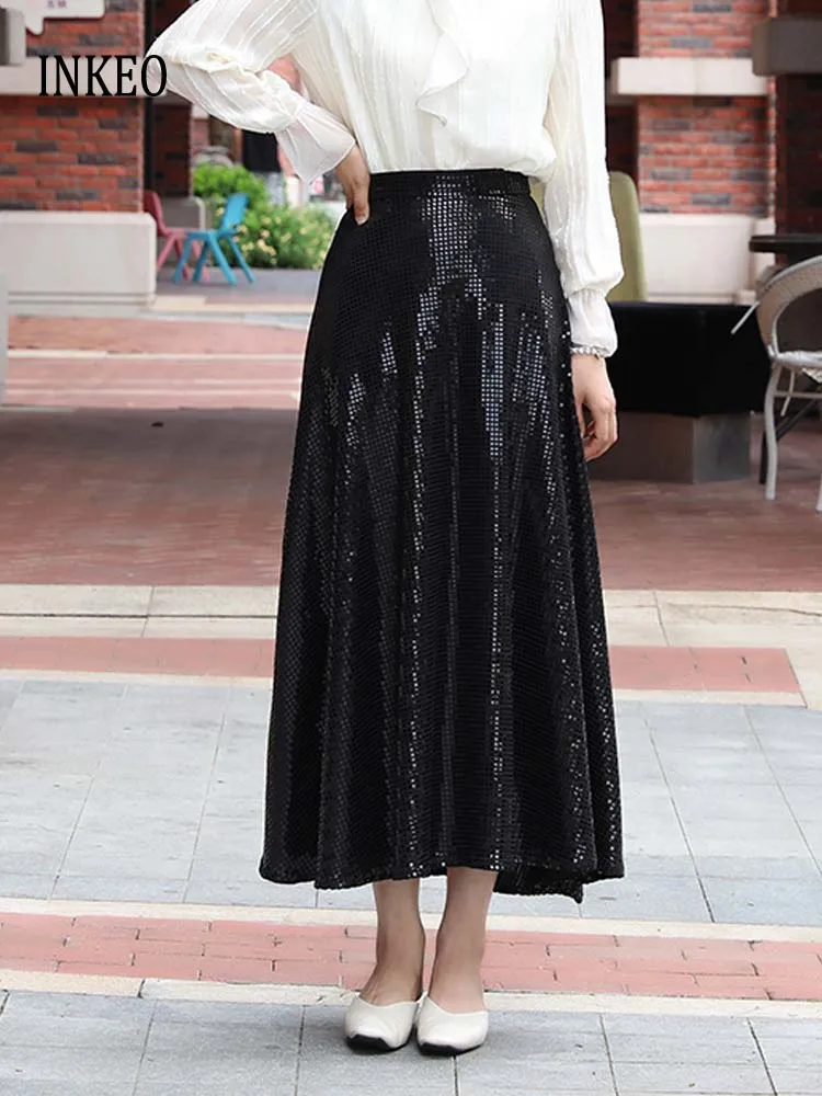 Женская длинная юбка с блестками серебристая блестящая макси высокой талией и