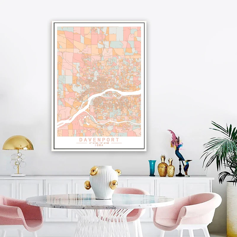 

Davenport штатив Айова, Соединенные Штаты, цвет карта городов мира, настенный художественный печатный плакат, картина, украшение для дома