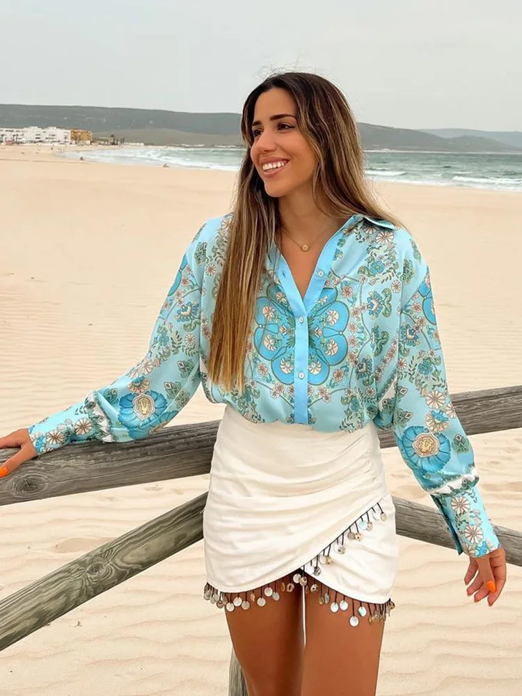 

Boho Clothing For Women Tops 2022 Vacation Bohemian Vintage Print Shirt Long Sleeve Top Lapel Collar Button Up Oversized Shirt