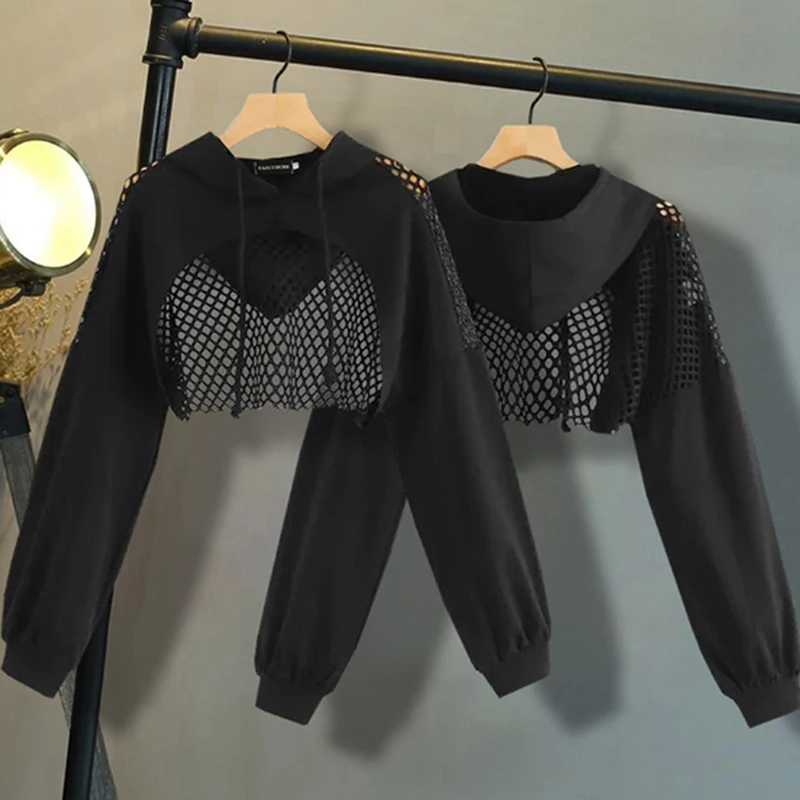 

Mesh Patchwork Crop Sweatshirt Hoodies Women Harajuku Hoodie Sweatshirt Clothes Gothic Long Sleeve Cropped Hoodie