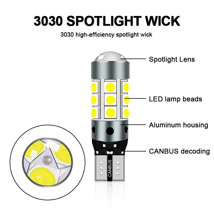 Фото Универсальные 2 шт. T10 194 3030 27SMD светодиодные клиновые лампы для освещения номерного знака, боковые габаритные огни, стояночные огни DRL Canbus, без ошибок, 12 В №2