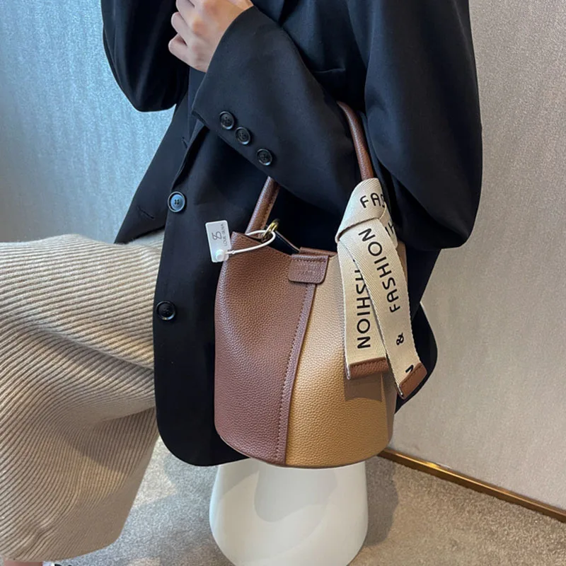 

Retro Trend Fashion Single Shoulder Bucket Bag Leather Contrasting Colors Splicing Crossbody Bags Casual Portable Soft Handbag