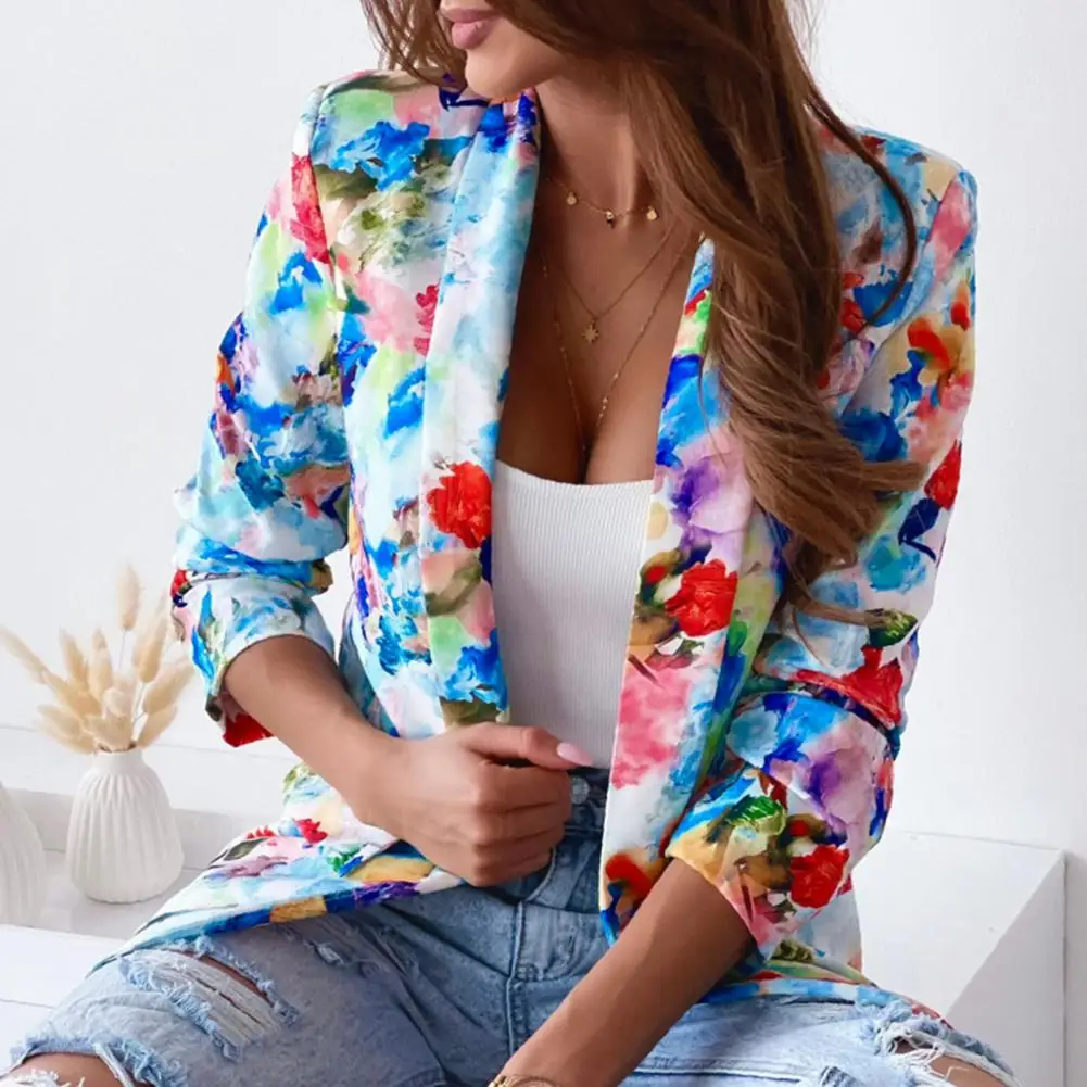 

Fake Pocket Flower Suit Coat Office Lady Blazer Colorful Print Slim Spring Autumn Suit Jacket All Match Slim-fitting Lady Blazer