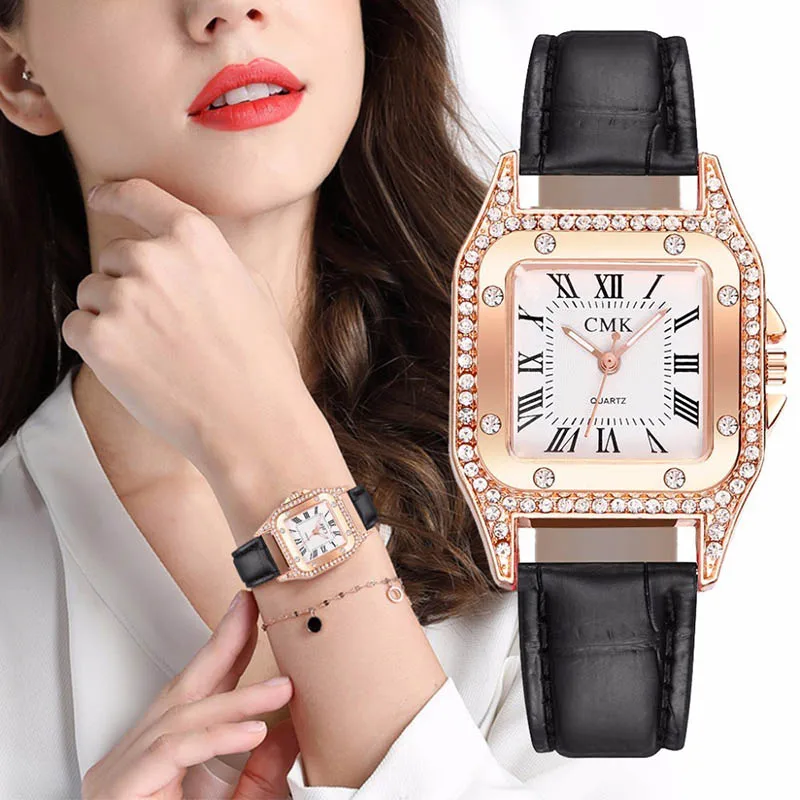 

2023 New Hot Leisure Simple Square Diamond Roman Numerals Women's Quartz Leather Watch Girlfriend Fashion Exquisite Gift