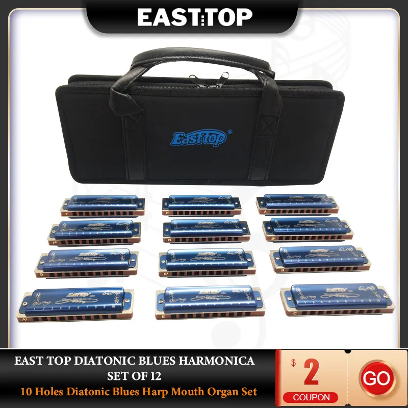 EASTTOP T008K-12 Diatonic Blues Harmonica Set Of 12 10 Holes Diatonic Blues Harp Mouth Organ Set 12 Keys