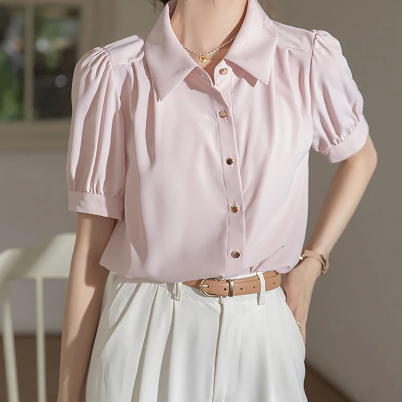 Летняя Женская Элегантная Рубашка EVNISI С Пышными Рукавами И Воротником-поло