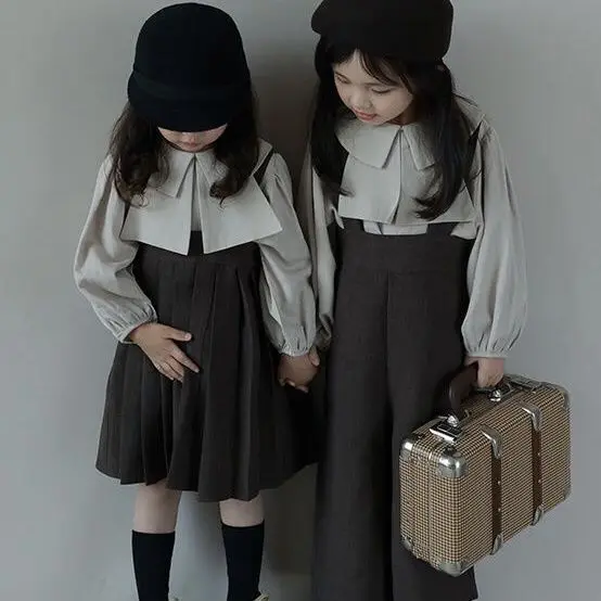 

Children Clothing 2022 Spring Autumn Girls Solid Color Pleated Overskirt and Overalls Lapels Casual Simple Cool Two Piece Set