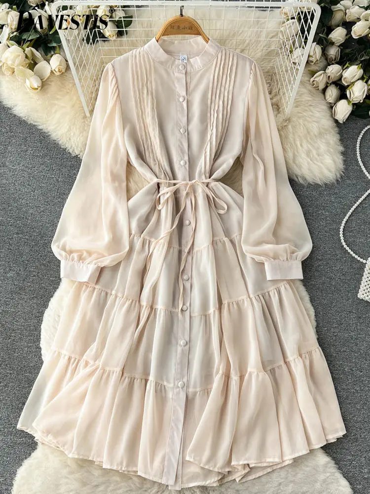 French Chic Dress Women's 2023 Spring Summer Fashion Solid Color Tie Waist Slim Fairy Dresses Women's Long-sleeved Dress