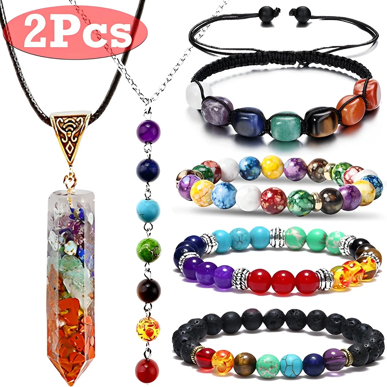 

2Pcs Yoga Energy Jewelry Sets Natural Stone Beads 7 Chakra Reiki Healing Balance Necklaces Stretch Energy Bracelet for Women