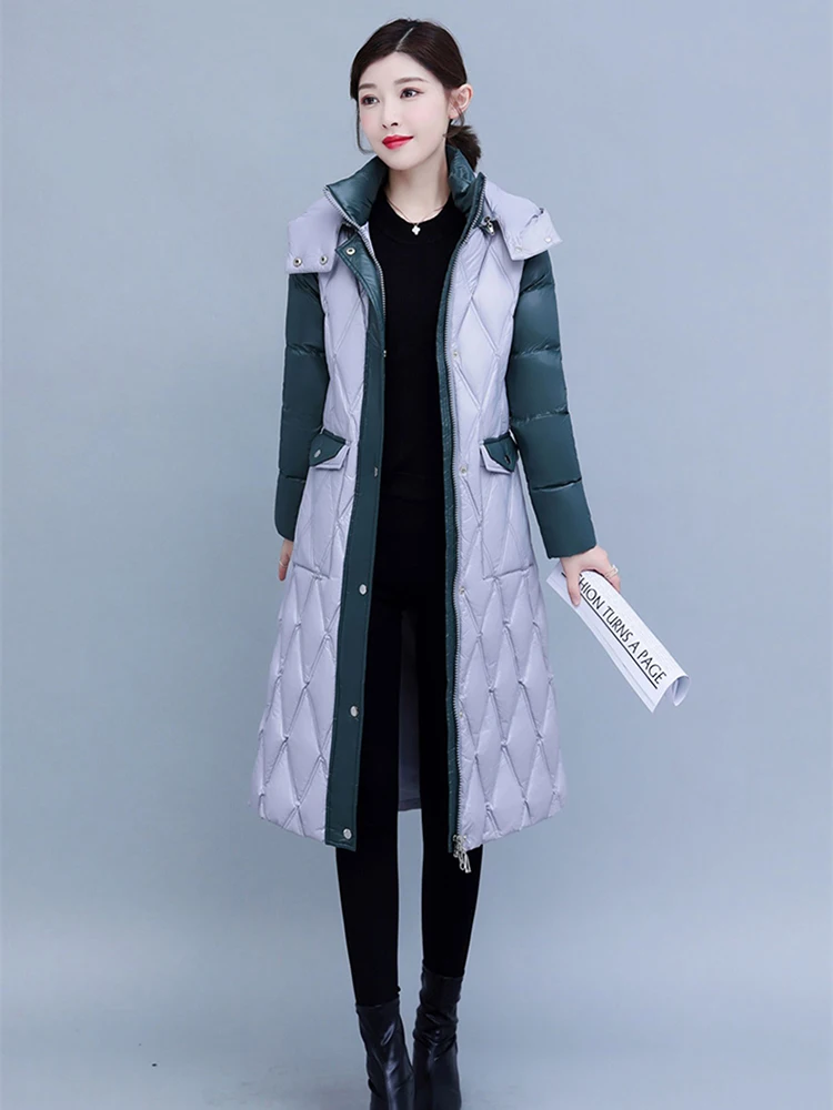 New Women Winter Down Jacket Sweet Fashion Hooded Color Blocking Strecth Belt Medium Long Thicken Warm Slim Down Jacket Female