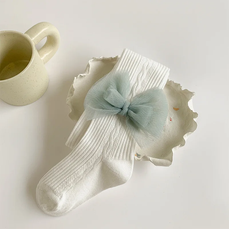 Весенние леггинсы для девочек 2022 белые сетчатые детские колготки с бантом и