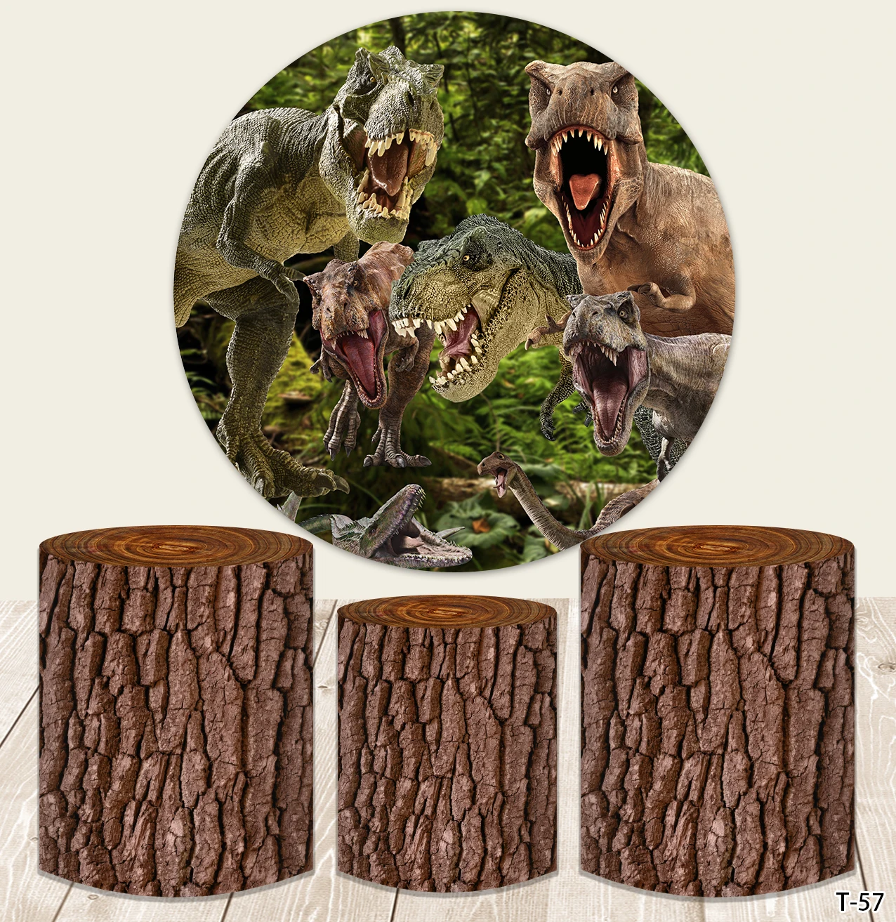 

Cartoon Forest Jurassic Dinosaur Round Backdrop Cover Boys Birthday Party Circle Background Wood Green Leaves Plinth Covers