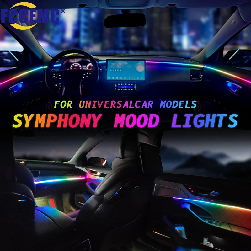 Полноцветный стример для автомобиля, окружающее настроение, светильник, RGB 64 цвета, управление звуком, светодиодный, интерьер, скрытая акриловая полоска, симфония, атмосферная лампа