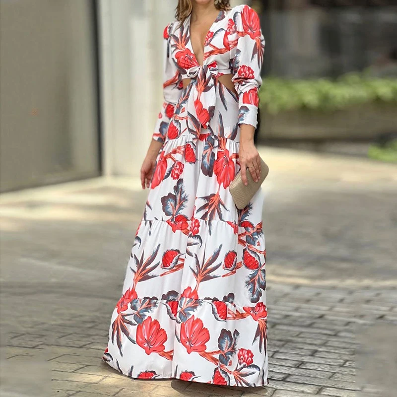 

Пикантное облегающее платье с длинным рукавом и вырезами, Элегантное Длинное платье с цветочным принтом и глубоким V-образным вырезом, весе...