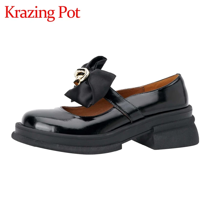 

Krazing pot natural leather round toe high heels butterfly-knot metal decorations beauty girls dating fashion women pumps L92