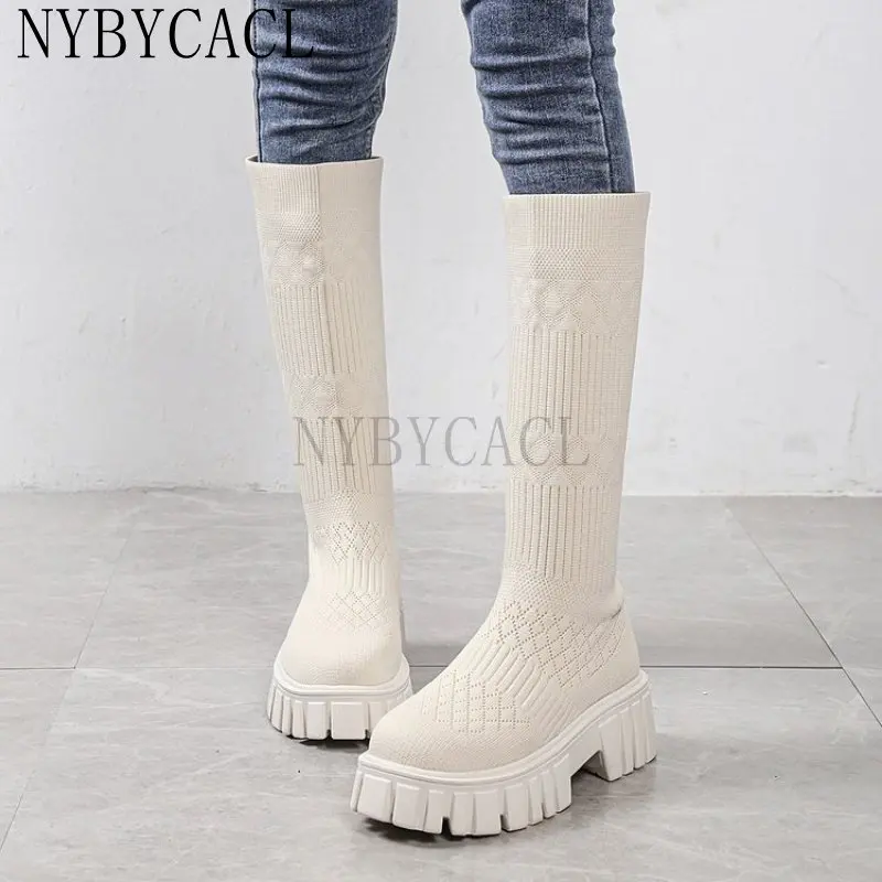 Sexy Women Knee-high Platform Boots Autumn Winter Slip-on Stretch Long Modern Boots Female All-match High-top Elastic Shoes New