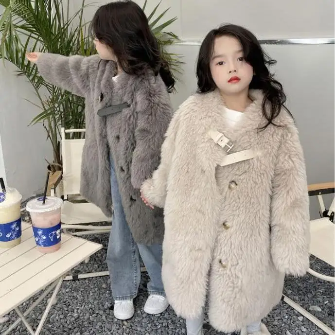 

2022 Ｗinter Imitation Sheep Shearing Wool Coat For Kids Coat Winter Fur OverCoat Lamb Wool Medium Long Coat