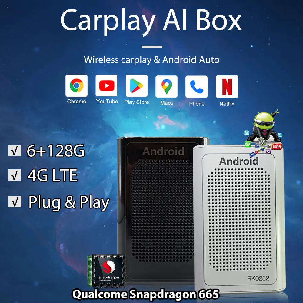 

Player Android Auto AI Box Snapdragon 665 Processor AWireless Carplay Tv Box BT WiFi 4G LTE Adapter Plug & Play Video 6G 128G