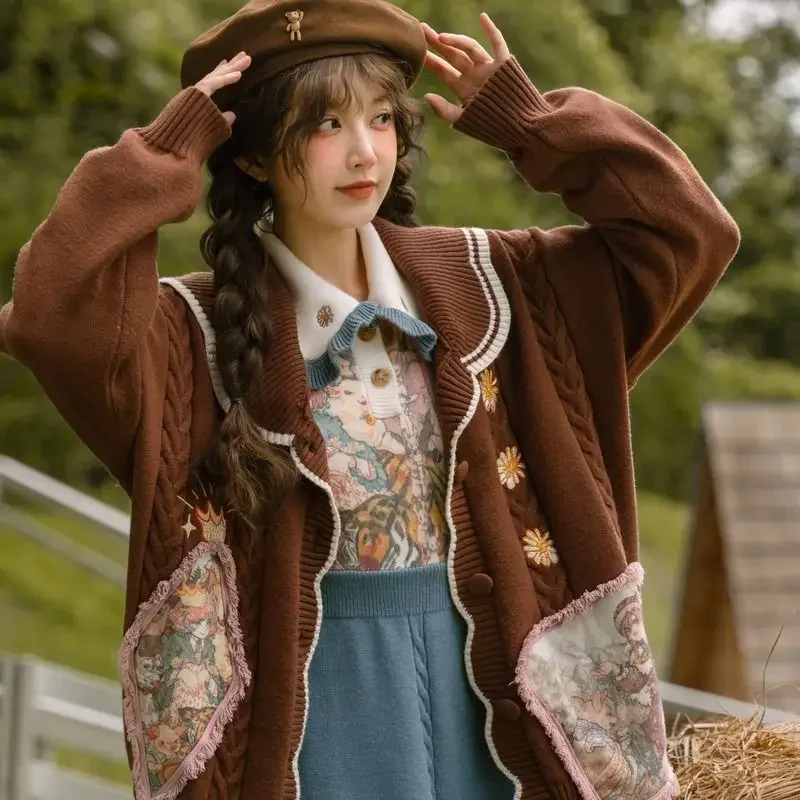 Английский стиль ретро коричневый сказочный вязаный кардиган женский