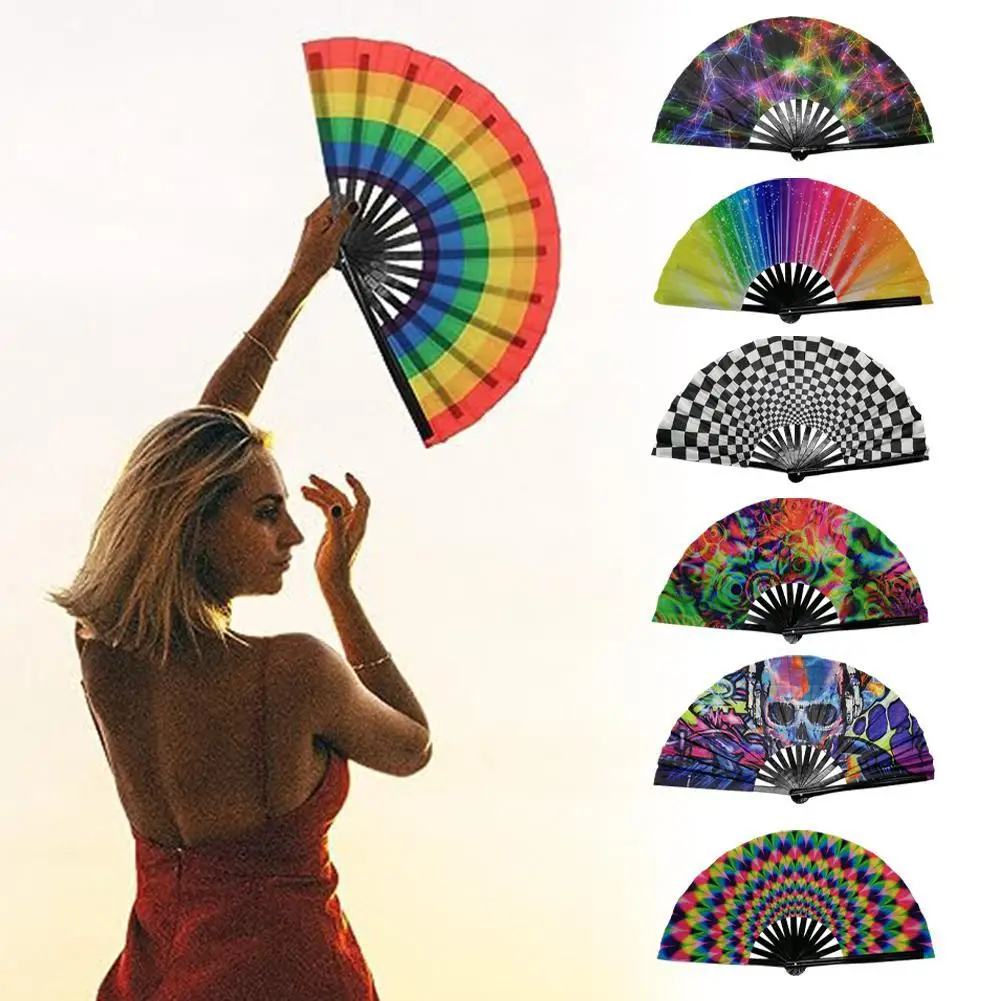 

33cm Colourful Big Folding Fan Hand Fans Rainbow Print Black Bamboo Bone Fan Cooling Handheld Fan Festival Performance Dance Fan