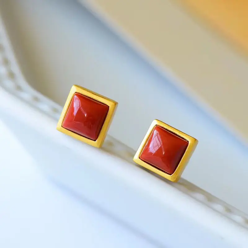 

925 Natural Stone Red Women's Earrings Square Candy Shaped Inlaid with Gold Colored and Meat Filled Exquisite Earrings Brincos