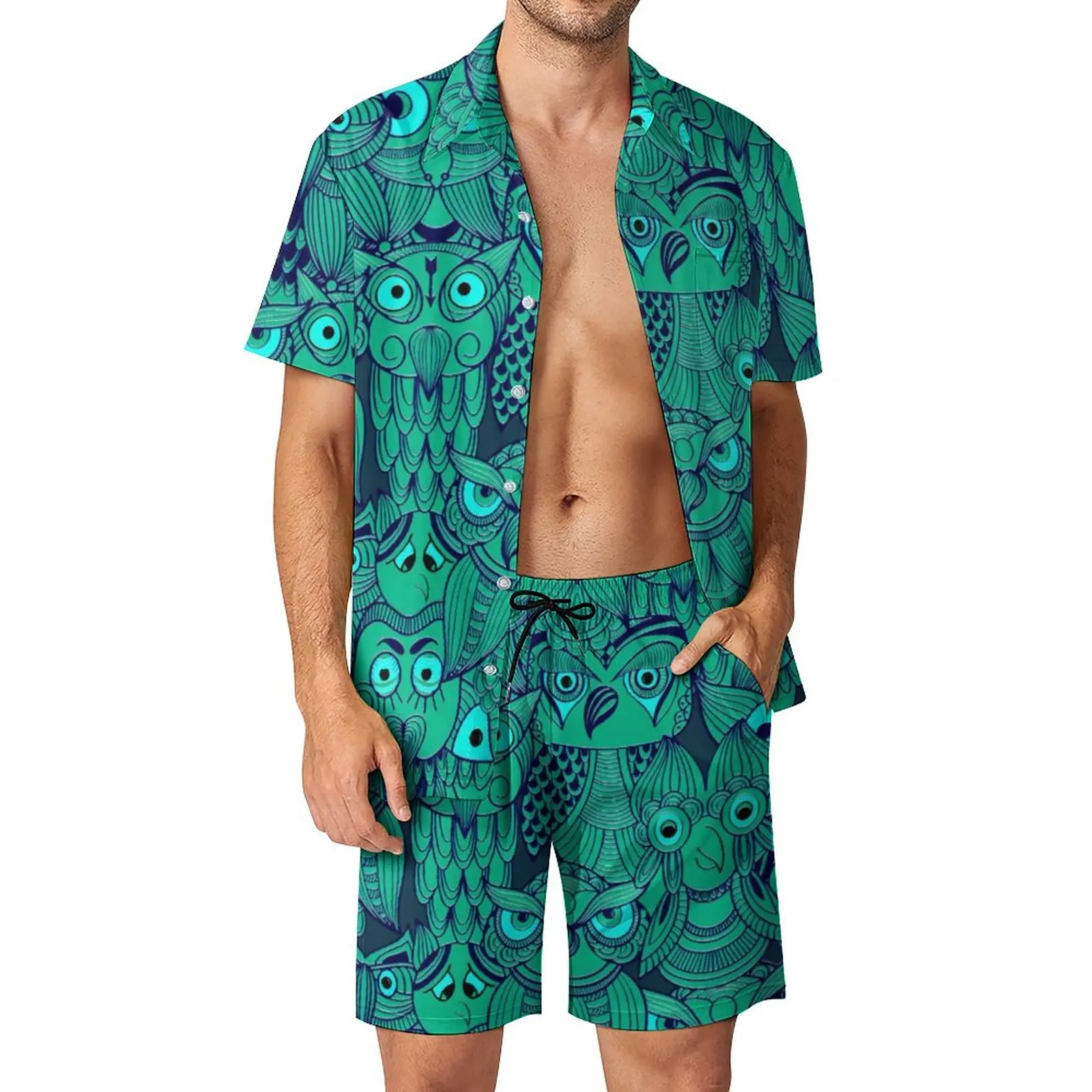 

Owl Eyes Men Sets Tribal Spirit Totem Trendy Casual Shirt Set Short-Sleeve Design Shorts Summer Beachwear Suit Plus Size