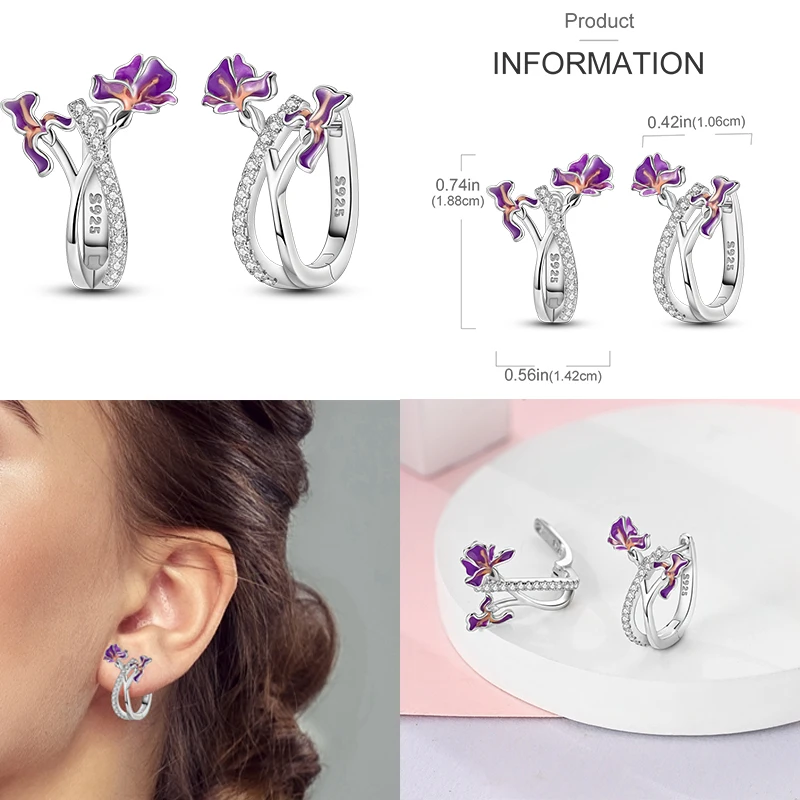 Серьги из серебра 925 фиолетовые с перьями и бабочкой