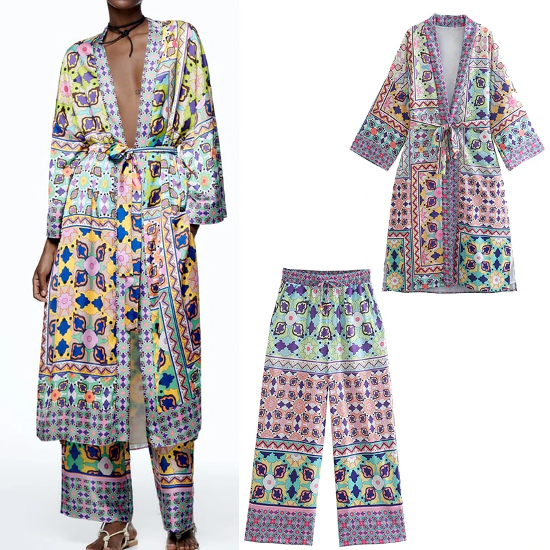 

Женское кимоно с поясом и длинным рукавом, верхняя одежда с принтом, прямые брюки со средней талией и поясом на резинке, костюм из двух предм...