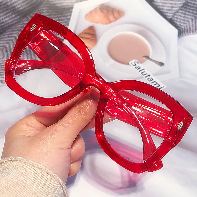 

Red Cat Eye Anti-blue Light Glasses Frame For Women New Fashion Brand Oversized Computer Square Eyeglasses Female Rivet Shades