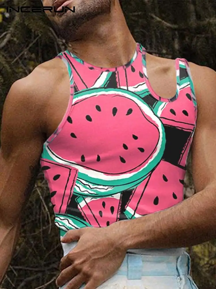 

INCERUN Men Tank Tops Fruit Printed O-neck Sleeveless Streetwear Hollow Out Sexy Vests 2022 Breathable Casual Men Clothing S-5XL