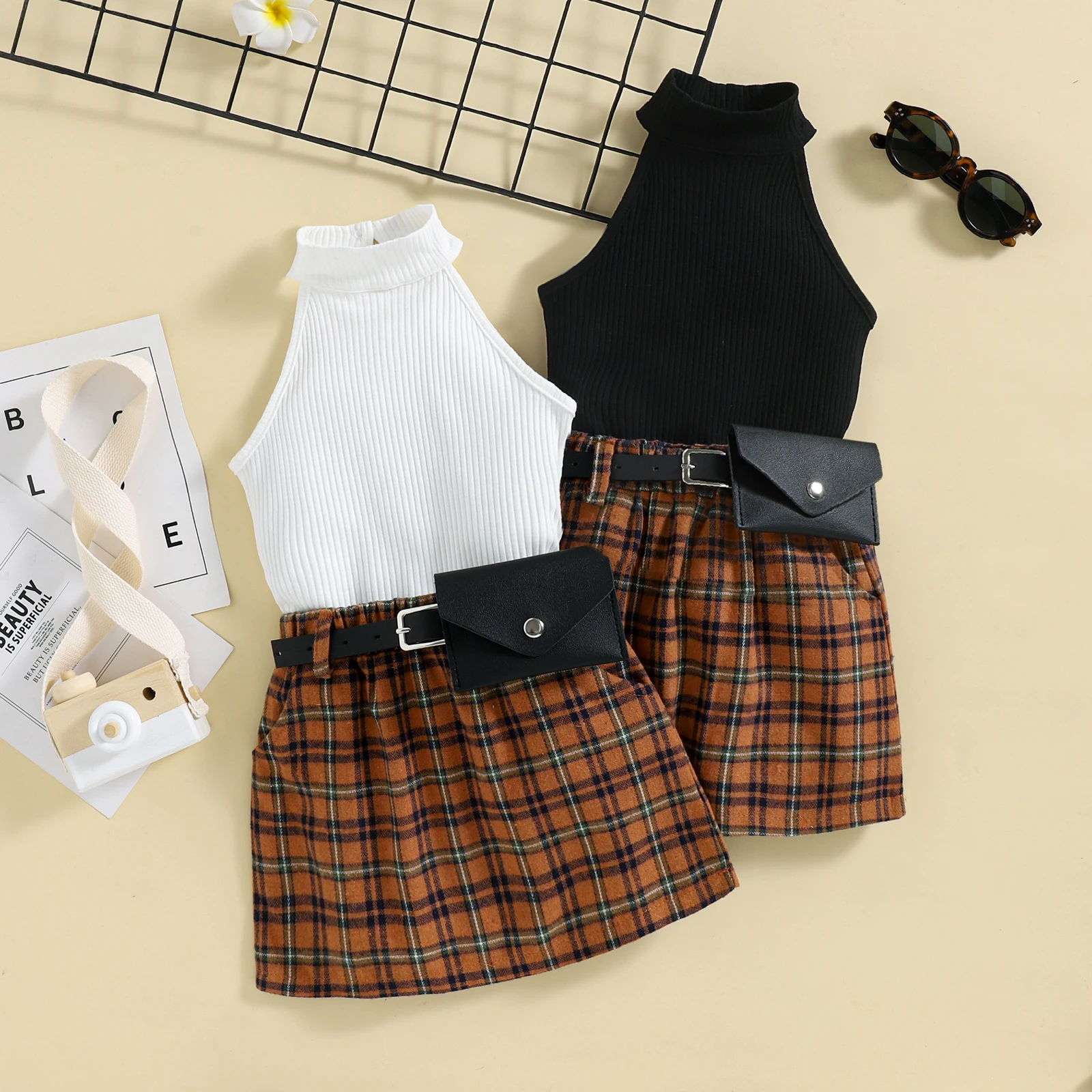 

1-6Y Fashion Kids Girls Clothes Set Halter Sleeveless Solid Vest Tops+Plaid Printed A-Line Skirts With Bags 3pcs Summer Clothing