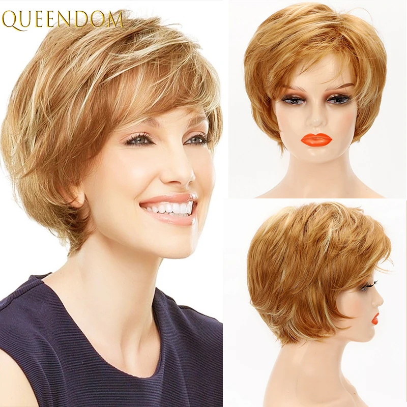 

Honey Blonde Short Straight Pixie Cut Wig with Bangs Ombre Brown Natural Synthetic Bob Wavy Wig for Black Women Cosplay Perruque