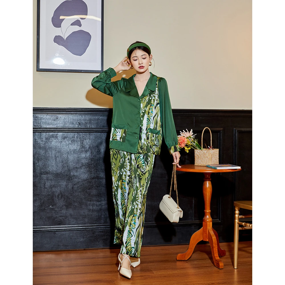 Maison Gabrielle 2022 Spring Summer Vintage Chinoiserie Printed Pajamas Set Loungewear Sleepwear for Women 2 Pieces Long Sleeve
