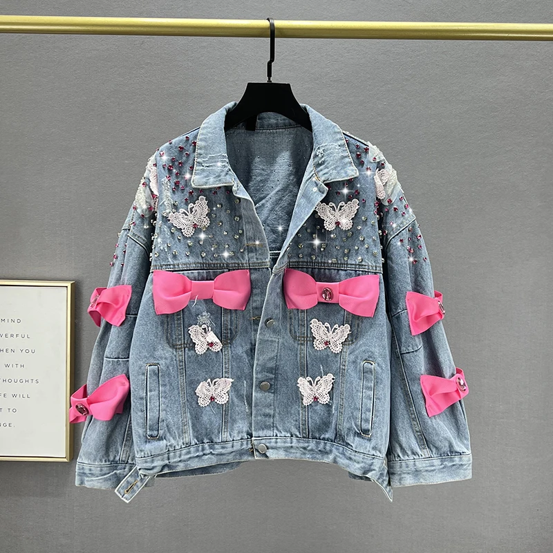 

2023 New Spring Autumn Plus Size Loose Jeans Coat Outwear Heavy Industry Jean Jacket Top Diamond Denim Jacket Women's Fashion