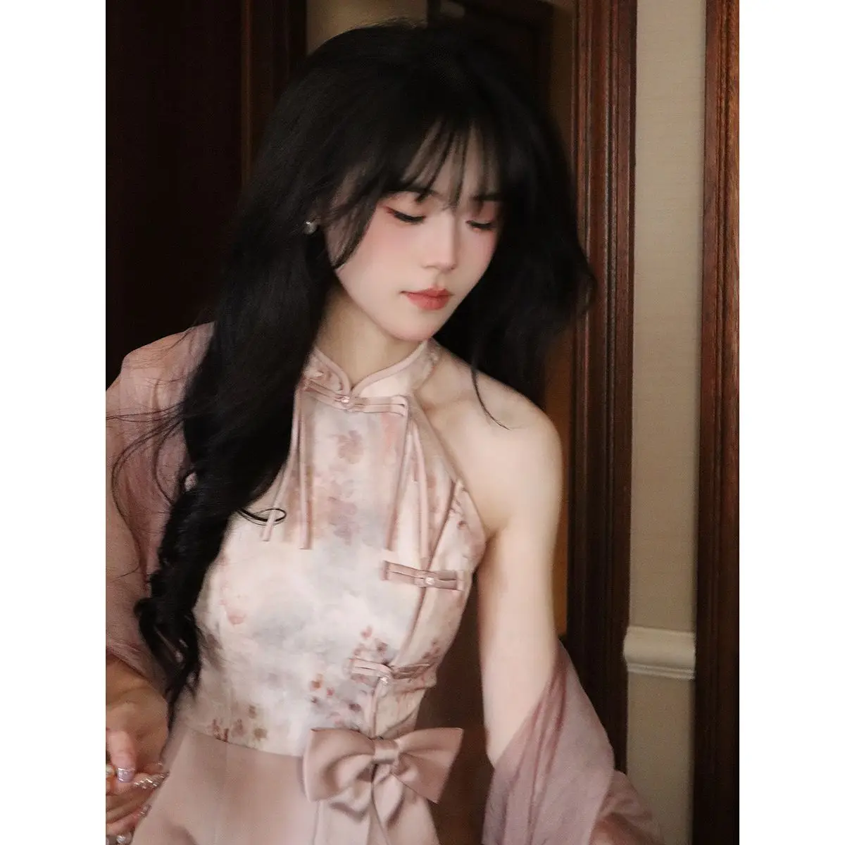 Женское розовое платье-Ципао из полиэстера