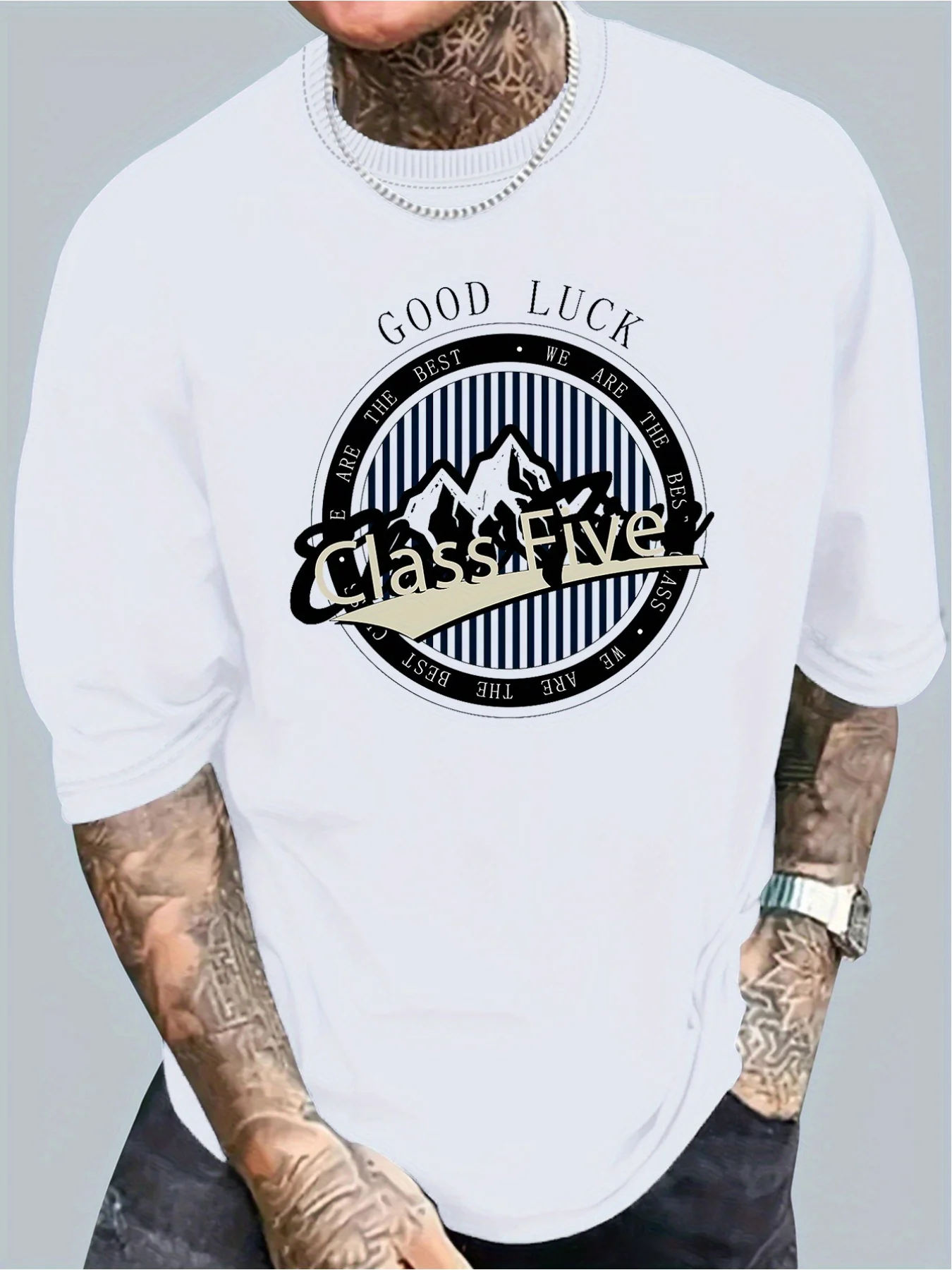 Good Luck Letter And Mountain Print Мужская футболка хлопковая Повседневная летняя с круглым