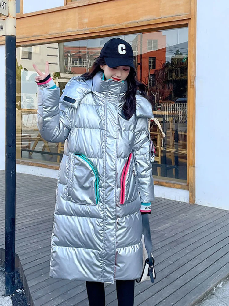 Glossy Parka Snow Coat Women's 2022 Fashion Thicken Winter Hooded Loose Long Jacket Female Windproof Rainproof Warm Outwear